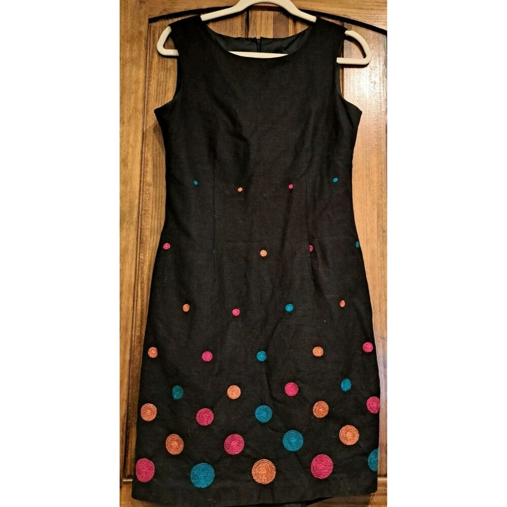 John Roberts Linen Blend Dress Womens Size 10‎ Lined Embroidered Polka Dot Black